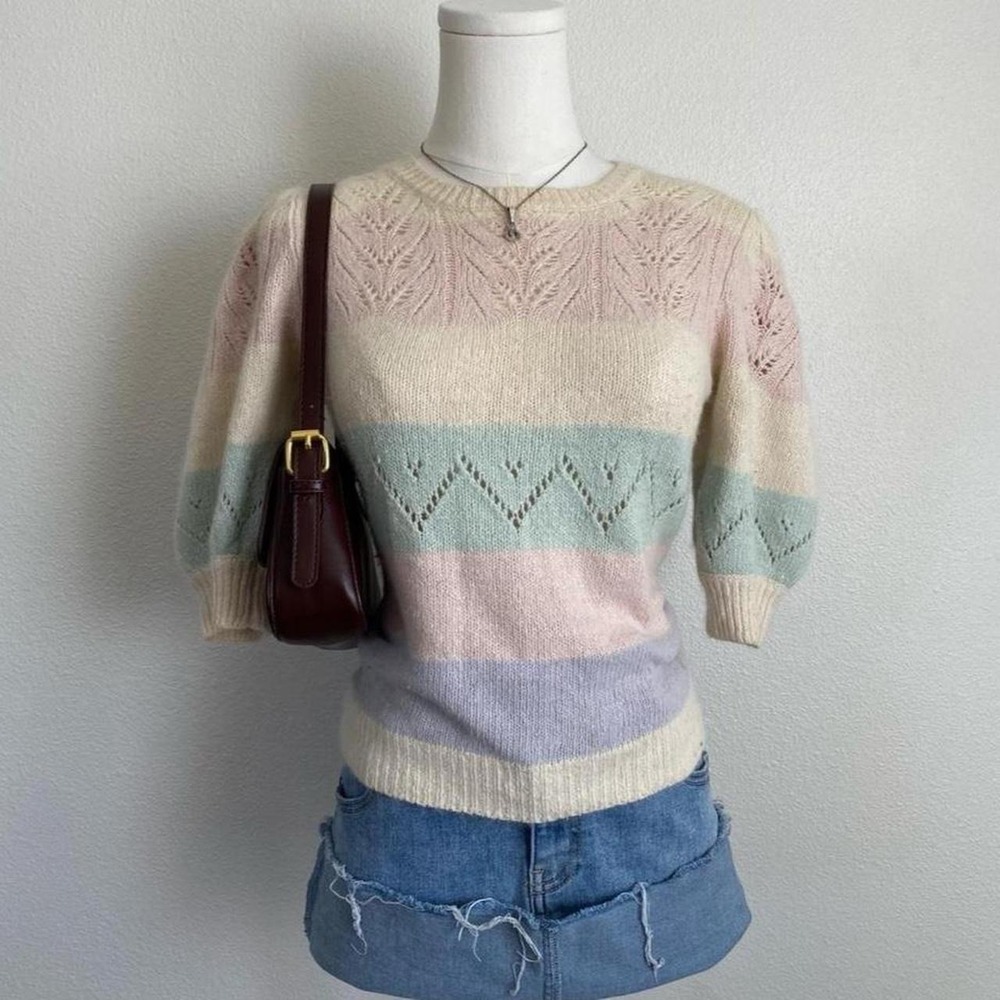 Vintage Fabe Silk Open Knit Pastel Stripe Half Sleeve Pullover Sweater